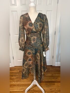 Chris McLaughlin Dress Sz 4 NWT Boho Paisley Chiffon Midi Long Sleeve V-Neck